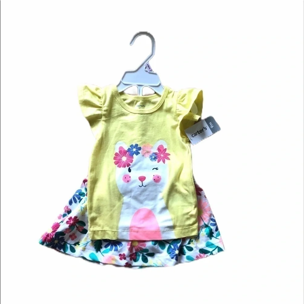 NWT Carter’s yellow baby girl cat floral ruffle shirt and skort outfit 9 months